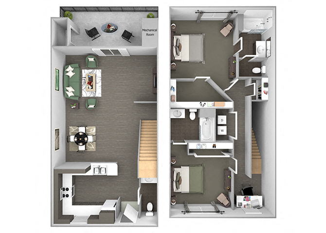 Floor plan for 2 beds, 2.5 baths, 1395 sqft